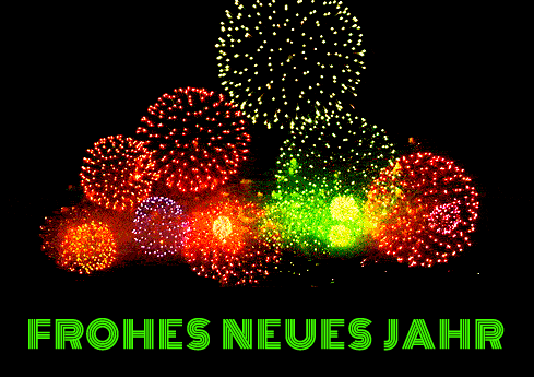 Das Bild zeigt Feuerwerk und den Schriftzug "Frohes neues Jahr"